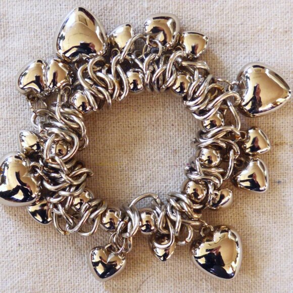 Silver Tone Puffy Hearts Charm Bracelet - Picture 1 of 7